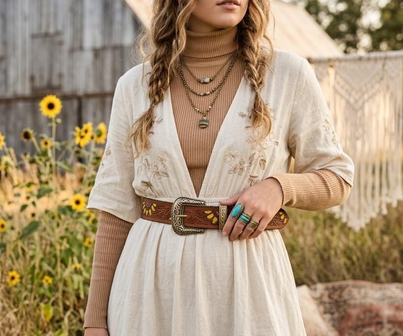 Sunflower Leather Gift Set for Women | Hippie Wallet & Western Belt Set | Boho Cowgirl Accessories | Floral Tooled Leather Belt