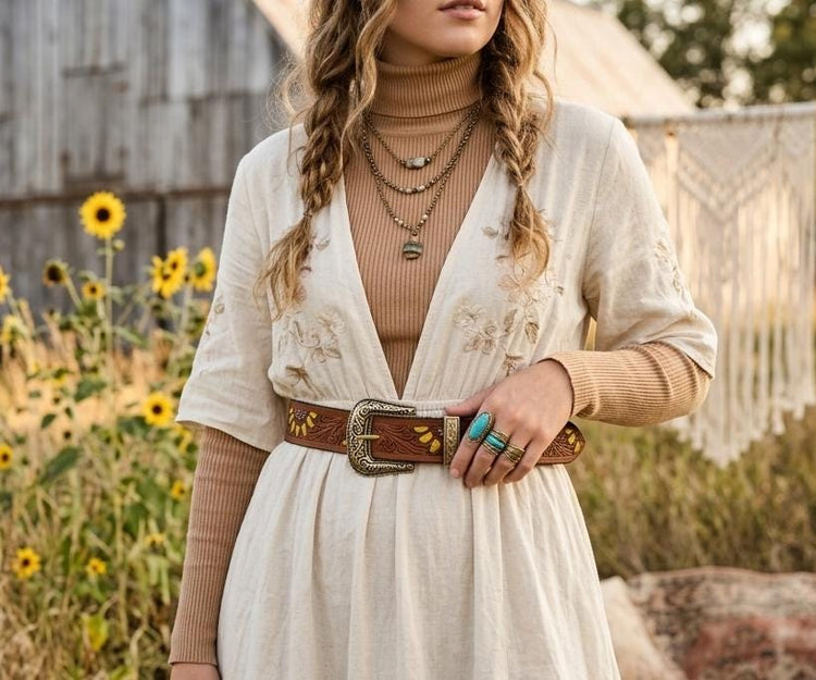 Sunflower Leather Gift Set for Women | Hippie Wallet & Western Belt Set | Boho Cowgirl Accessories | Floral Tooled Leather Belt