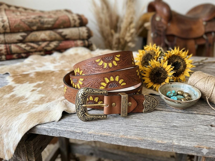 Hand Tooled Sunflower Leather Belt | Western Cowgirl Belt | Boho Floral Waist Belt | Buffalo Leather Belt | Vintage Style Hippie Accessory