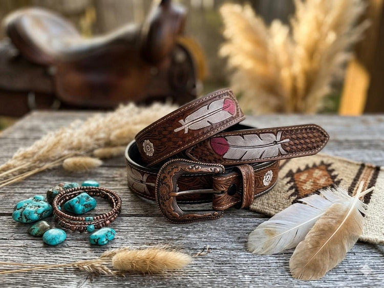 Hand Tooled Feather Leather Belt | Western Cowgirl Accessories | Boho Country Style Outfit | Handmade Genuine Buffalo Leather Strap