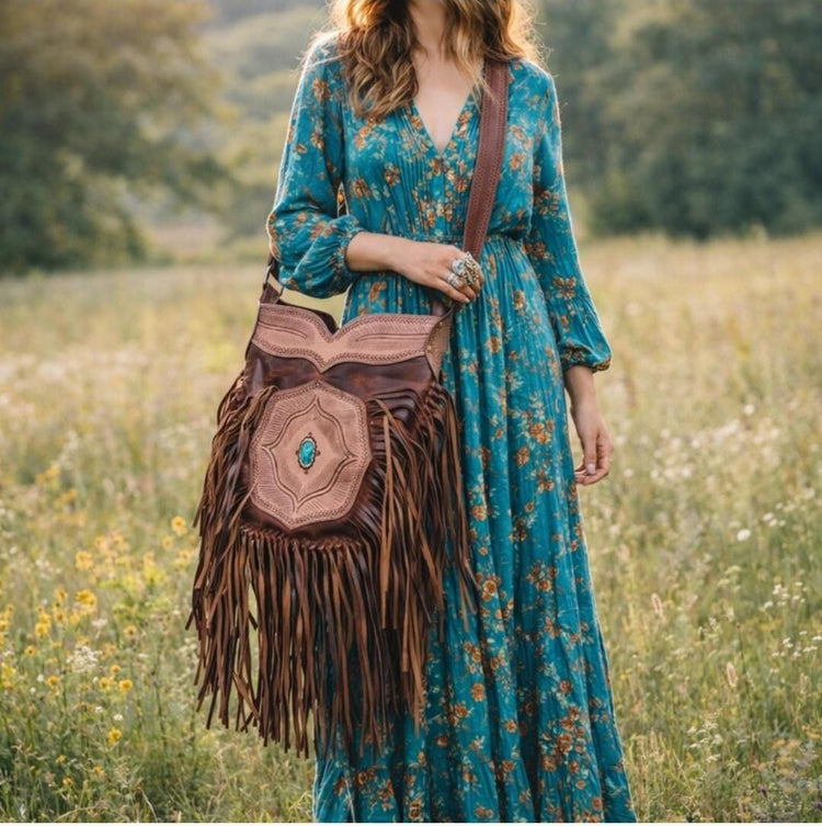 Extra Large Western Fringe Leather Bag / Native American Style Tooled Leather Purse Brown Beige Boho Tassel Crossbody Bag