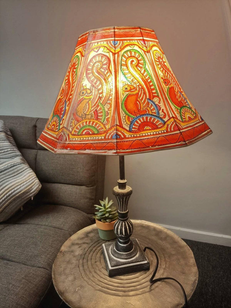 Hand-Painted Leather Lampshade: Tribal Peacock Design, Boho Table Lamp