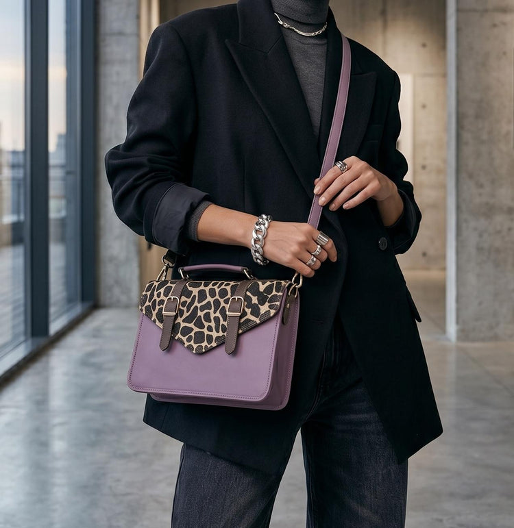 Giraffe Print Cowhide Crossbody Bag: Vintage Leather Satchel Briefcase