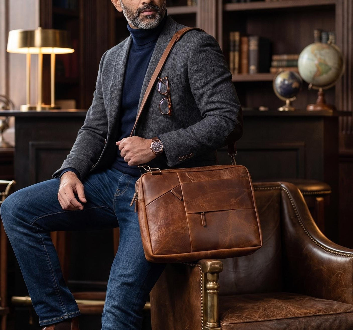 Full Grain Leather Laptop Messenger Bag: 15" Vintage Briefcase