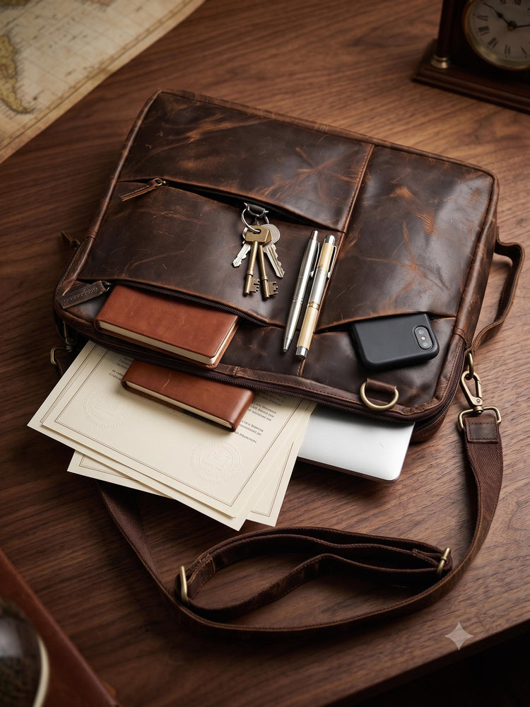 Full Grain Leather Laptop Messenger Bag: 15" Vintage Briefcase