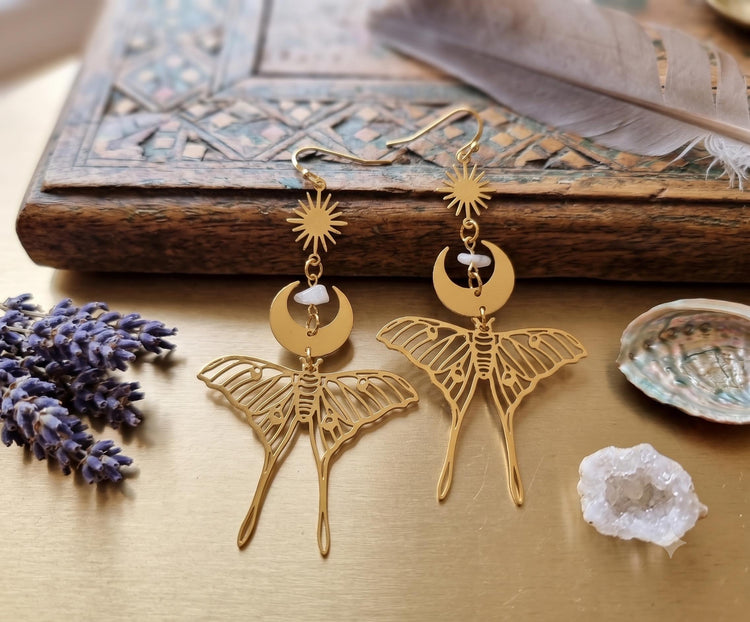 Celestial Moth Earrings Gold – Opal Moon Sun Dangle Earrings, Boho Statement Jewellery, Witchy Gift for Her, Festival Earrings