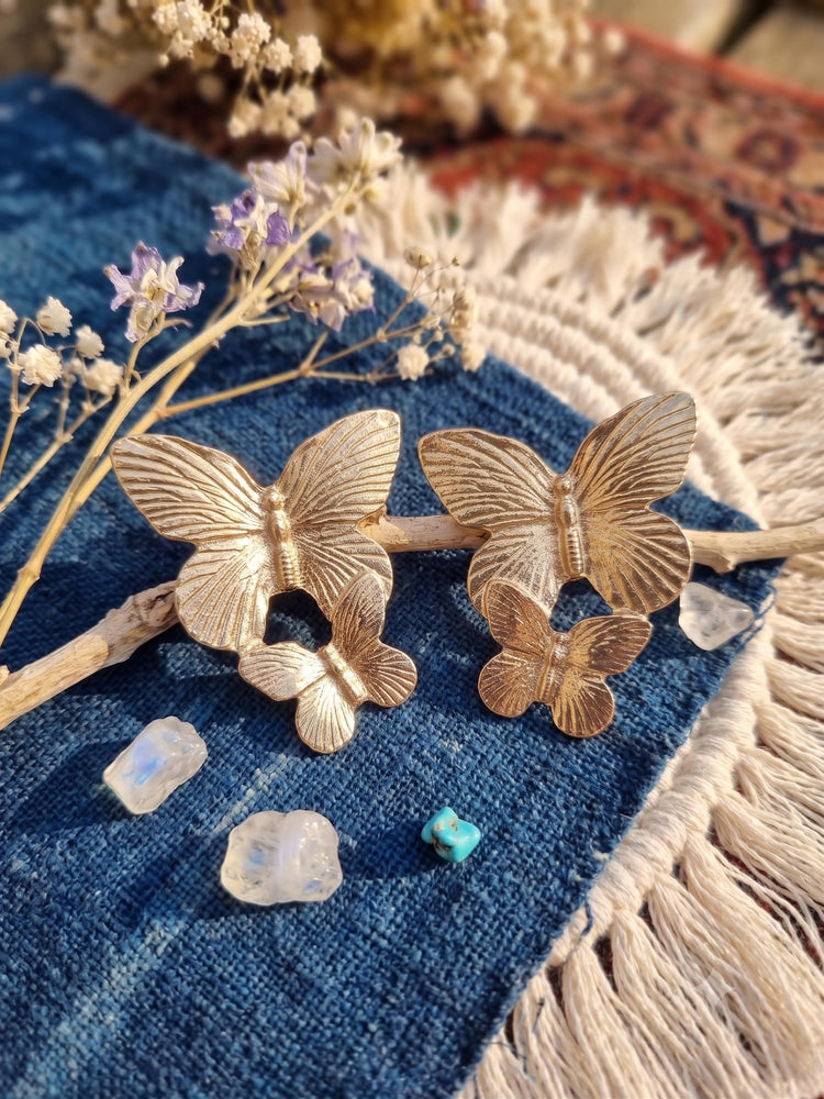 Golden Butterfly Earrings – Vintage Brass Insect Stud Earrings, Boho Statement Jewellery, Cottagecore Gift for Her