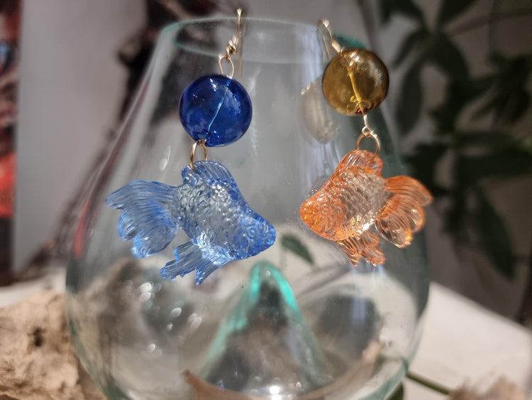 Mismatched Goldfish Earrings – Orange & Blue Glass Fish Dangles, Kawaii Statement Jewellery, Cute Japanese Inspired Gift