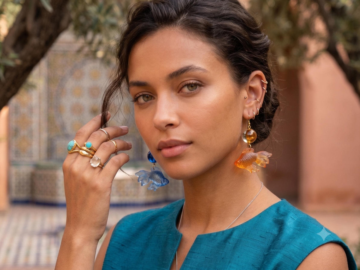 Mismatched Goldfish Earrings – Orange & Blue Glass Fish Dangles, Kawaii Statement Jewellery, Cute Japanese Inspired Gift