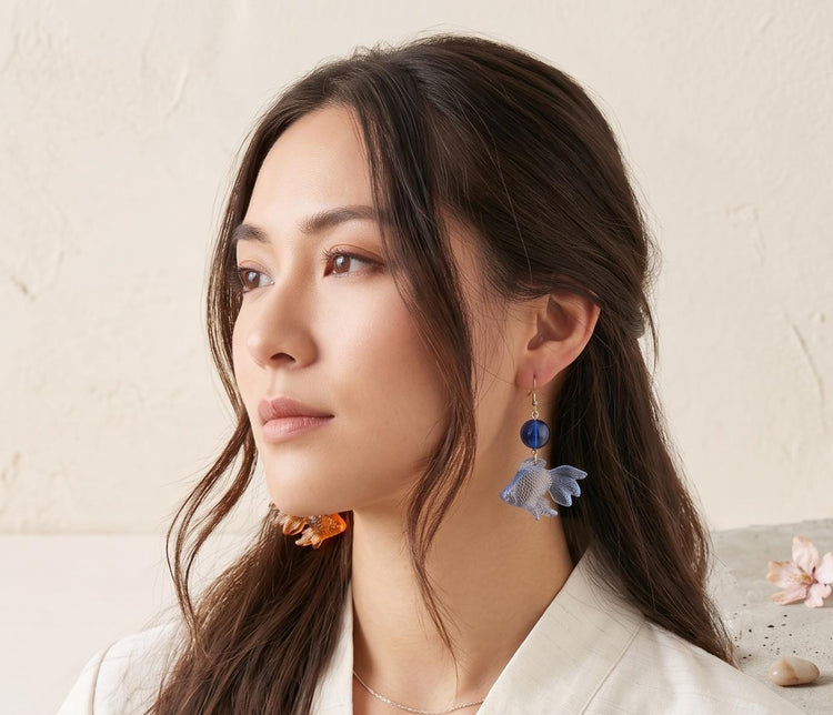 Mismatched Goldfish Earrings – Orange & Blue Glass Fish Dangles, Kawaii Statement Jewellery, Cute Japanese Inspired Gift