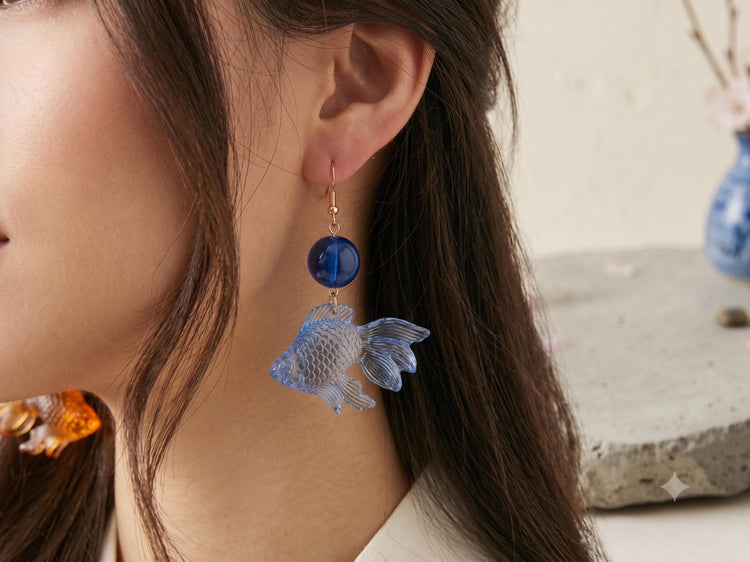 Mismatched Goldfish Earrings – Orange & Blue Glass Fish Dangles, Kawaii Statement Jewellery, Cute Japanese Inspired Gift