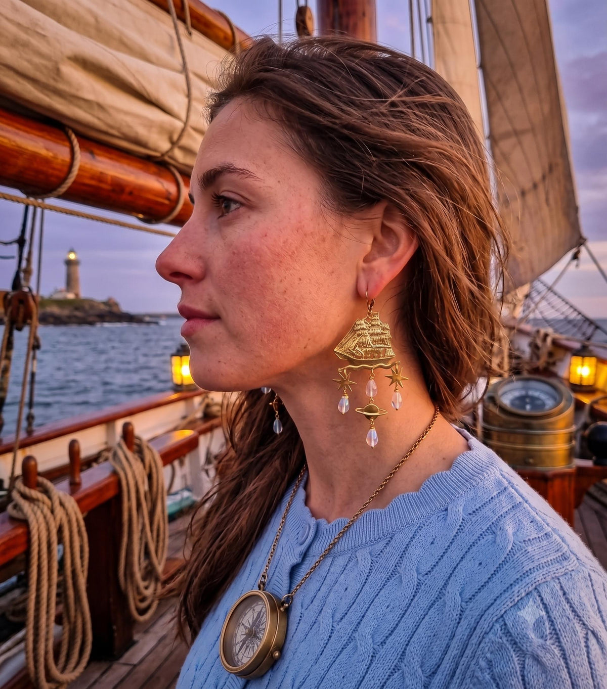 Nautical Ship Earrings with Saturn Planet & Stars – Boho Statement Dangle Earrings, Celestial Travel Jewelry, Gift for Her