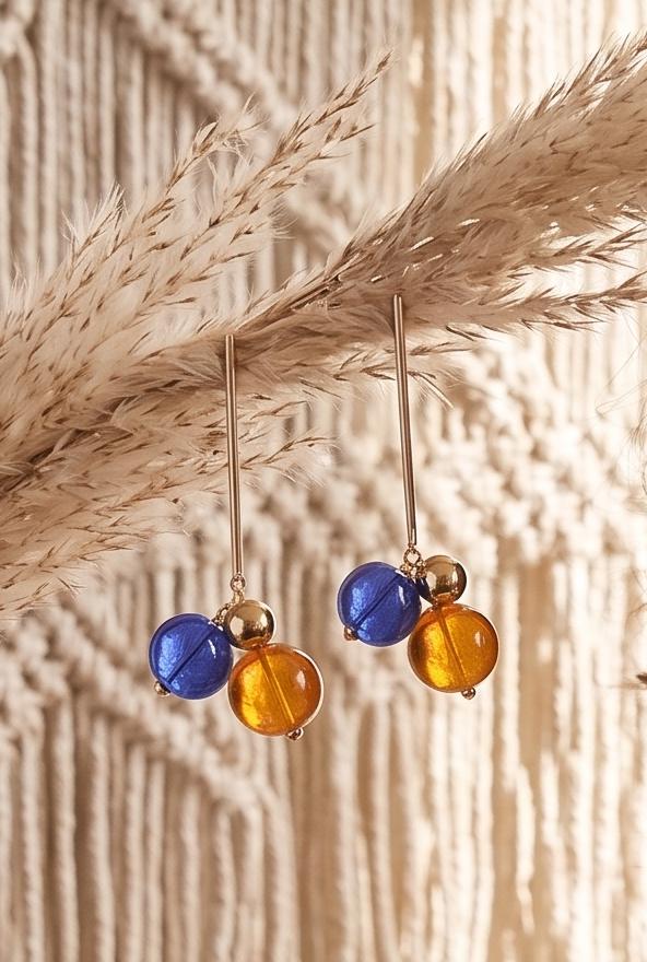 Hand Blown Glass Drop Earrings – Blue & Amber Art Deco Vintage Style Gold Statement Jewelry, Quirky Boho Dangle Earrings, Gift for Her