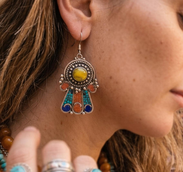 925 Sterling Silver Hamsa Earrings: Tibetan Boho Drop Earrings with Gemstones