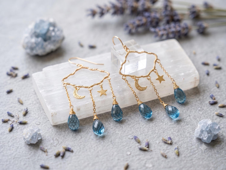 Rain Cloud Drop Earrings – Blue Water Drops with Gold Moon & Stars, Celestial Statement Jewelry, Mystical Handmade Gift for Her