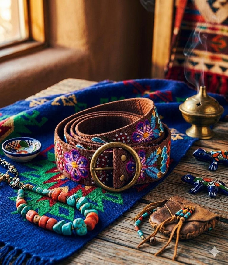 Frida Kahlo Style Embroidered Floral Boho Belt – Handmade Peruvian Wool Hippie Waist Belt, Colorful Botanical Statement Belt for Dresses