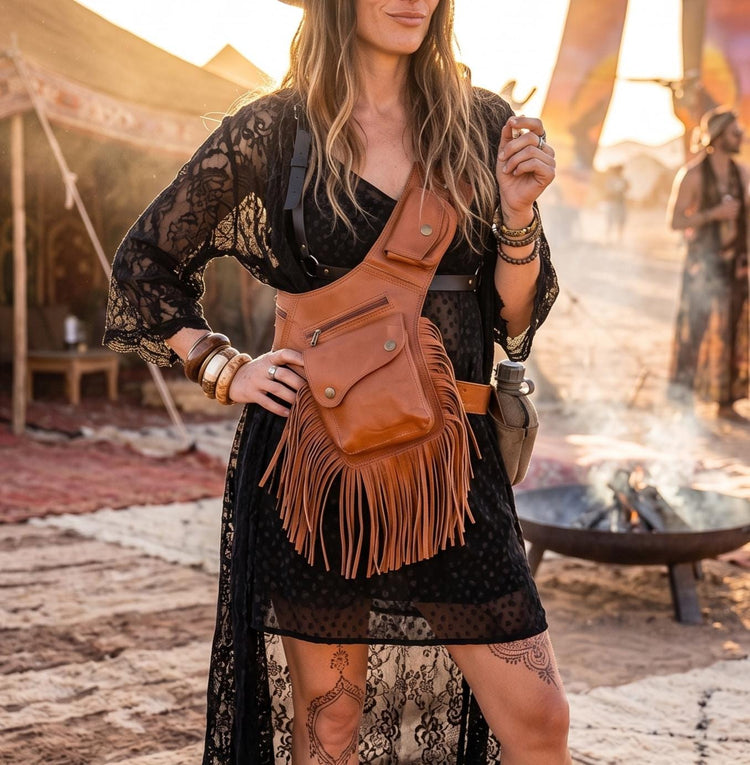 Fringe Leather Crossbody Bag, Womens Fanny Pack, Boho Travel Pocket Belt, Festival Outfit