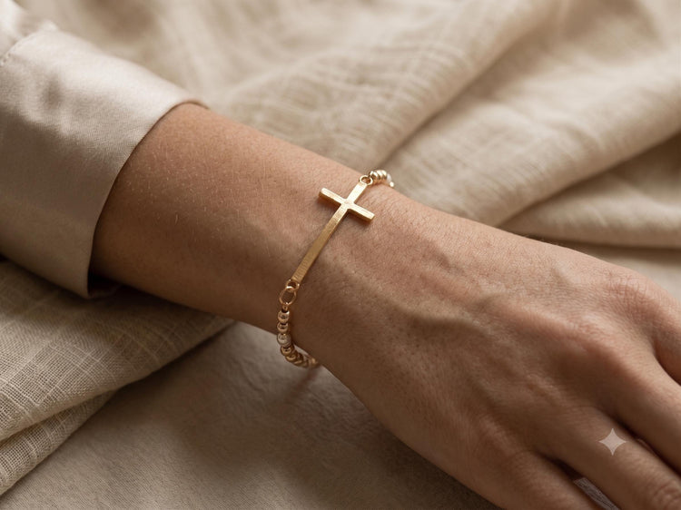 Gold Cross Bracelet – Adjustable Stacking Slider Bracelet, Minimalist Christian Jewelry, Faith Gift for Her or Him