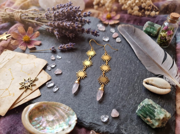 Sun Quartz Drop Earrings – Long Boho Filigree Dangle Earrings, Raw Crystal Wicca Jewelry, Celestial Statement Earrings Gift for Her