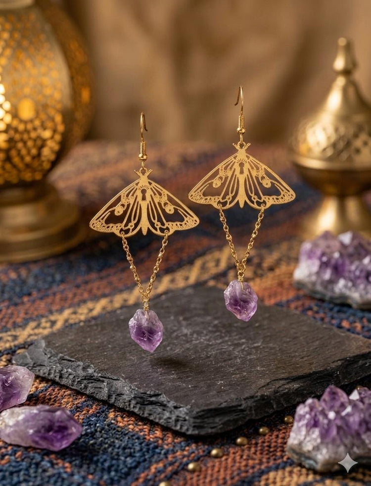 Gold Moth Amethyst Earrings – Raw Crystal Dangle Statement Earrings, Boho Witchy Jewelry, Celestial Hippie Earrings, Gift for Her