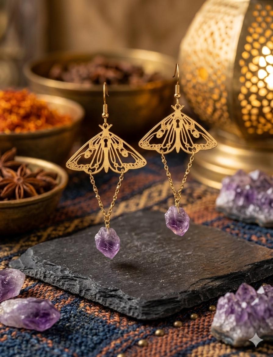 Gold Moth Amethyst Earrings – Raw Crystal Dangle Statement Earrings, Boho Witchy Jewelry, Celestial Hippie Earrings, Gift for Her