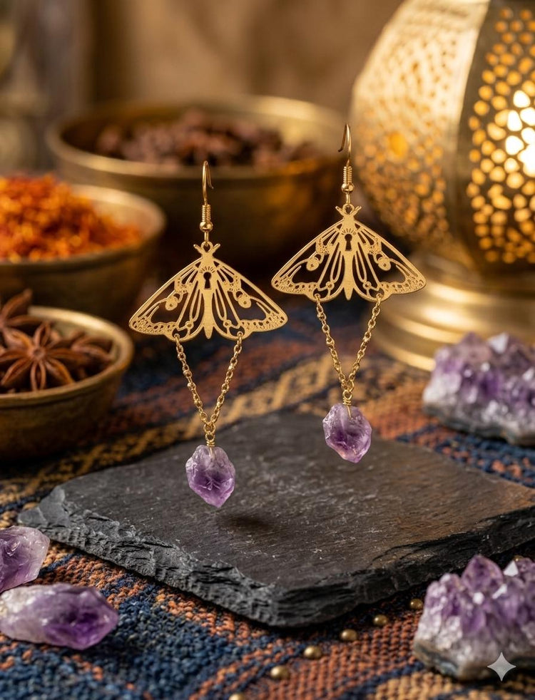 Gold Moth Amethyst Earrings – Raw Crystal Dangle Statement Earrings, Boho Witchy Jewelry, Celestial Hippie Earrings, Gift for Her
