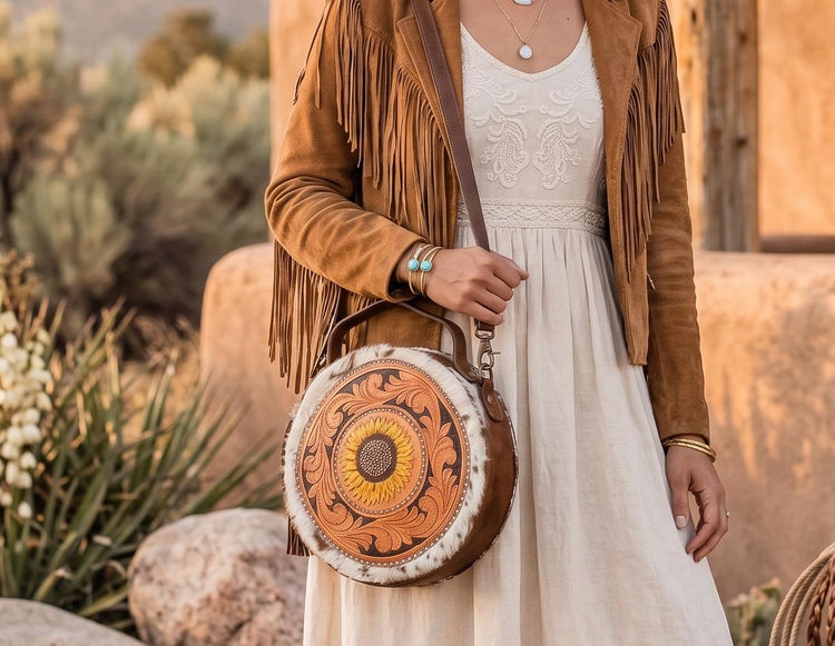 Hand Tooled Cowhide Sunflower Bag: Convertible Leather Crossbody Tote