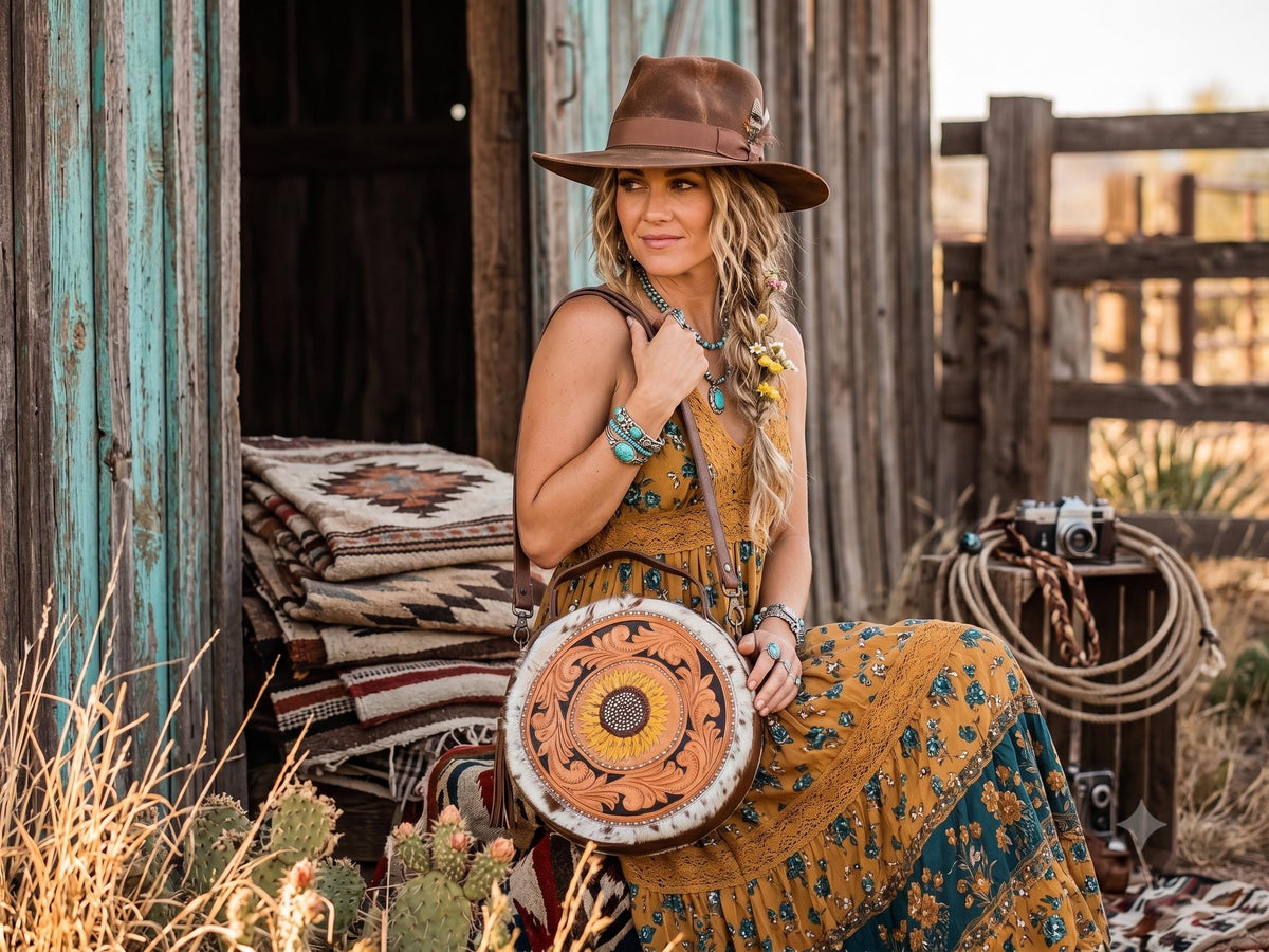 Hand Tooled Cowhide Sunflower Bag: Convertible Leather Crossbody Tote