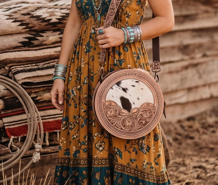 Hand tooled small cowhide leather bag - rustic western chic purse