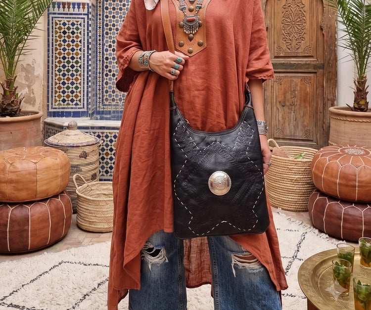 Hand Tooled Leather Crossbody Tote Bag: Vintage Moroccan Berber Design