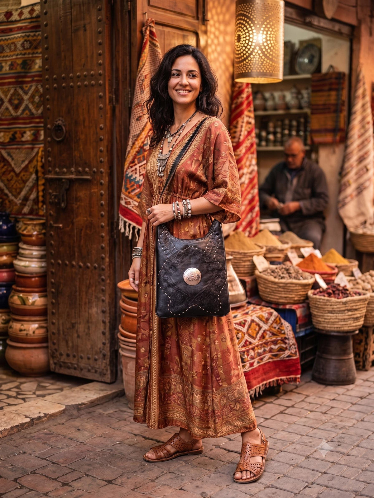Hand Tooled Leather Crossbody Tote Bag: Vintage Moroccan Berber Design