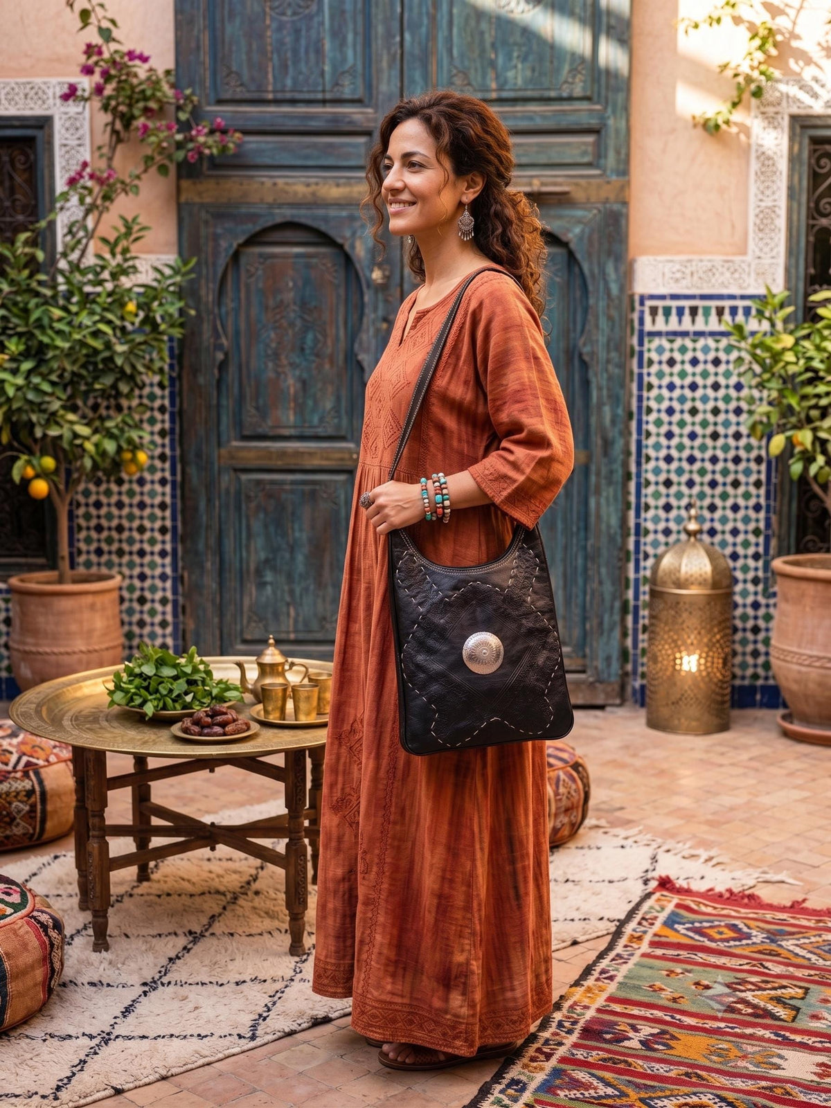 Hand Tooled Leather Crossbody Bag & Wallet Set - Moroccan Boho Purse