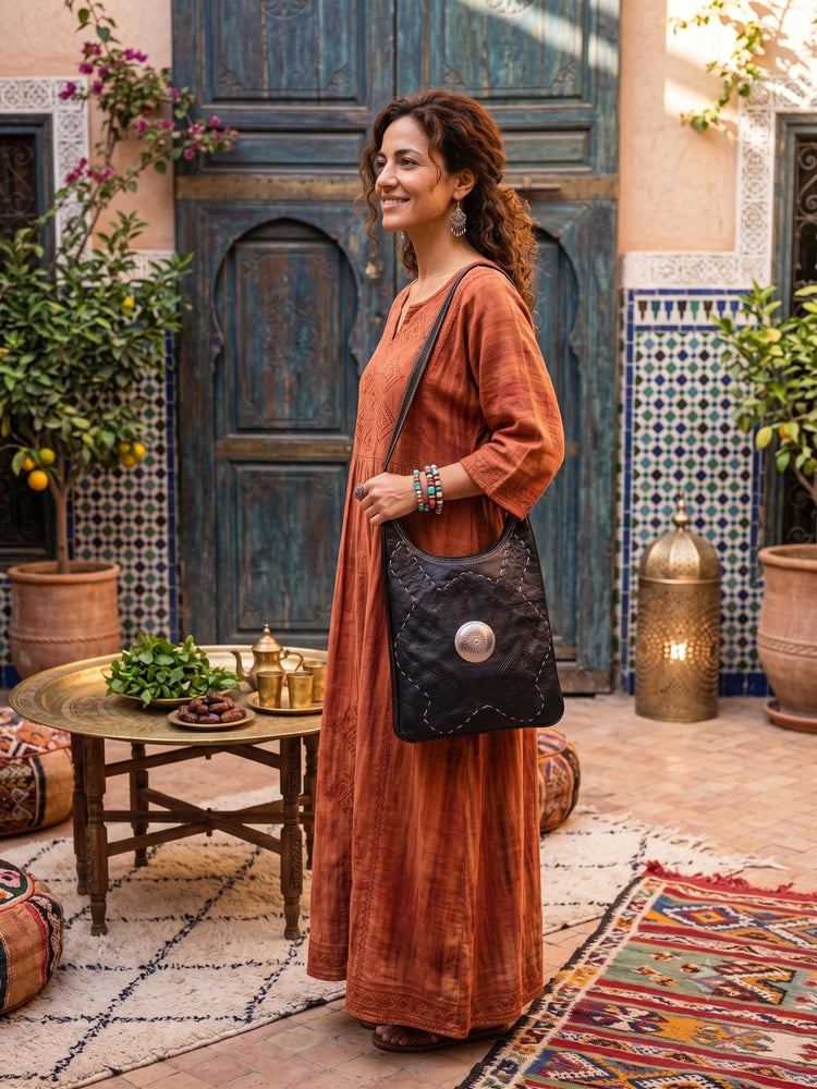 Hand Tooled Leather Crossbody Bag & Wallet Set - Moroccan Boho Purse