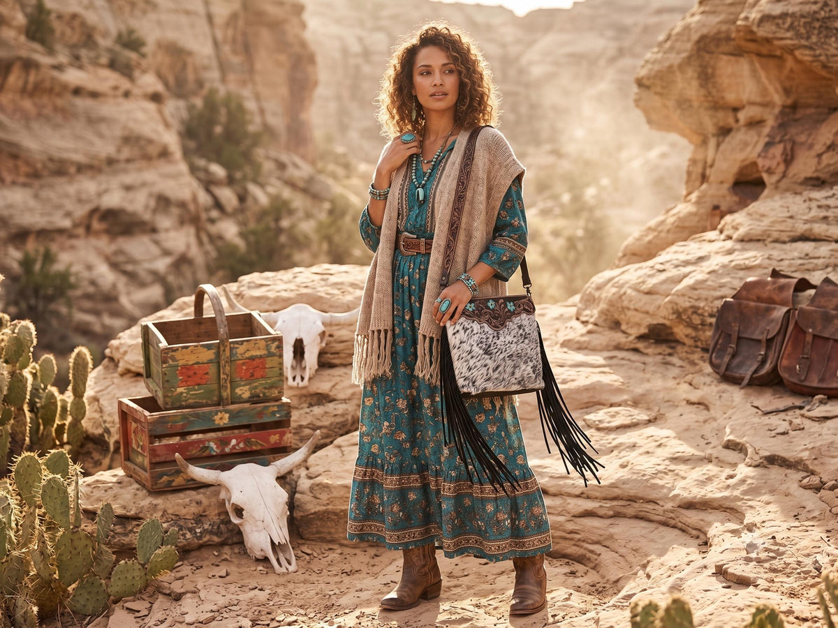 Floral Tooled Leather Cowhide Bag: Western Cowgirl Crossbody Purse