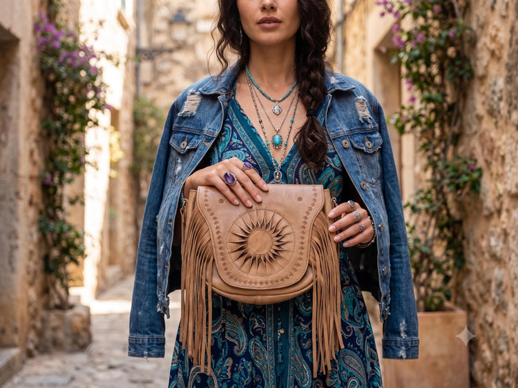 Hand Tooled Leather Bag & Wallet Set: Western Fringe Crossbody Purse