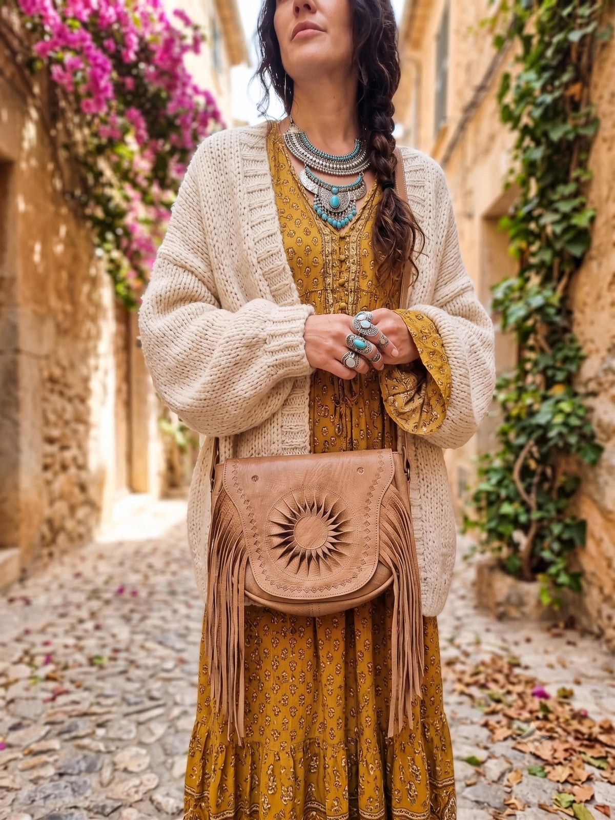 Hand Tooled Leather Bag & Wallet Set: Western Fringe Crossbody Purse