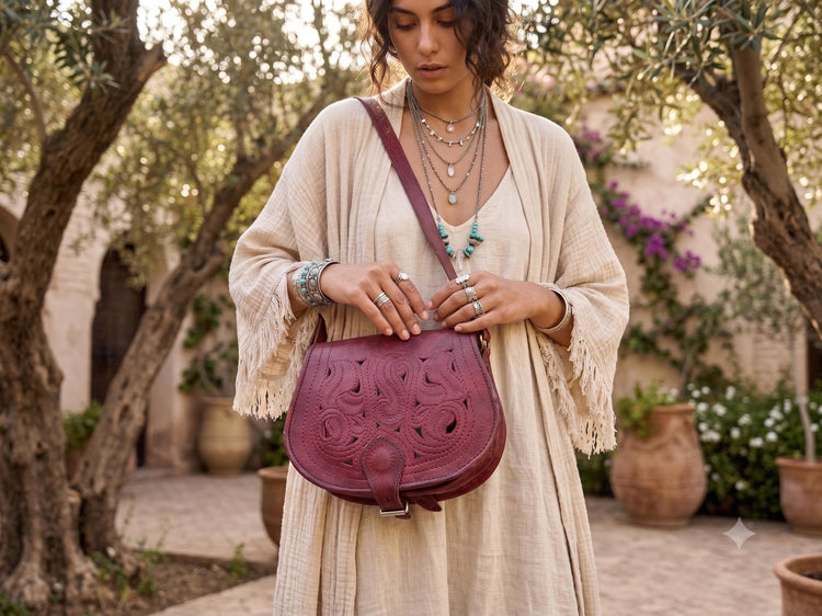 Vintage Burgundy Leather Crossbody Bag / Tooled Moroccan Satchel Boho Shoulder Purse Artisan Hippie Handbag