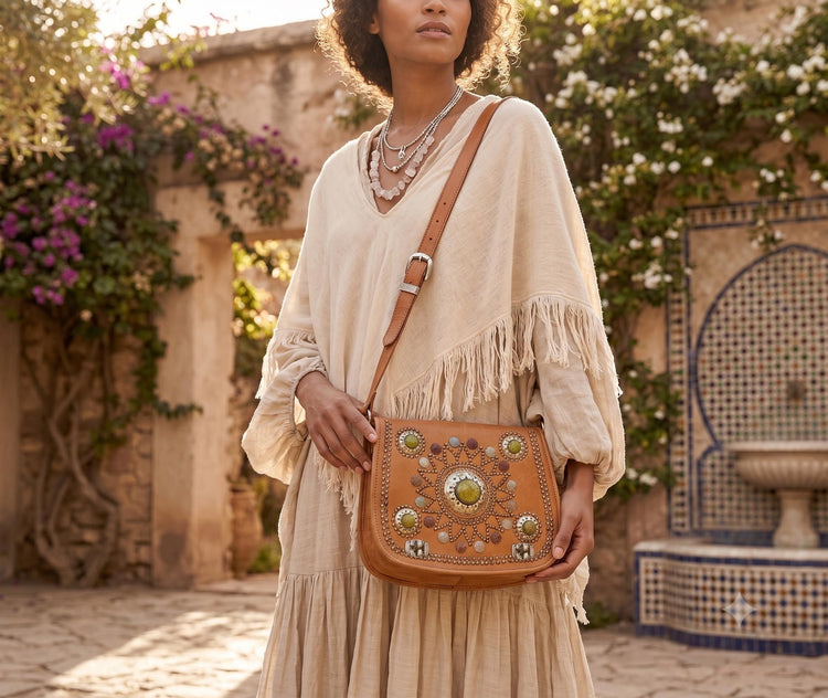 Boho leather bag gypsy coins, vintage leather purse stone, hippie crossbody bag women, genuine leather satchel, moroccan berber, festival