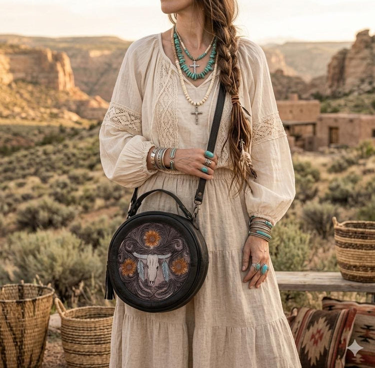 Round Western Leather Crossbody Bag / Bull Skull Tooled Purse Sunflower Cowgirl Saddle Handbag