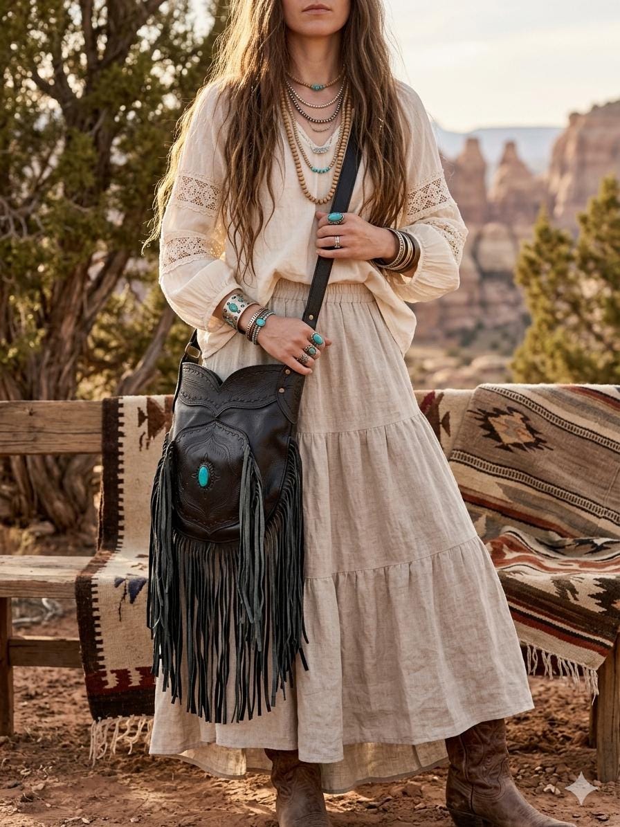Large Tooled Leather Fringe Bag: Western Turquoise Stone Hobo Purse