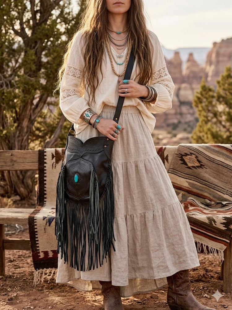 Large Tooled Leather Fringe Bag: Western Turquoise Stone Hobo Purse
