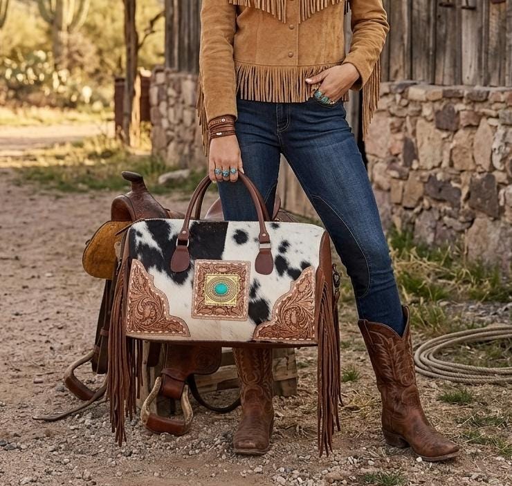 Western Cowhide Leather Weekender Bag / Fringe Duffle Travel Holdall Turquoise Boho Overnight Luggage