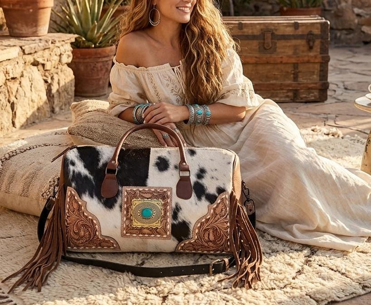 Western Cowhide Leather Weekender Bag / Fringe Duffle Travel Holdall Turquoise Boho Overnight Luggage