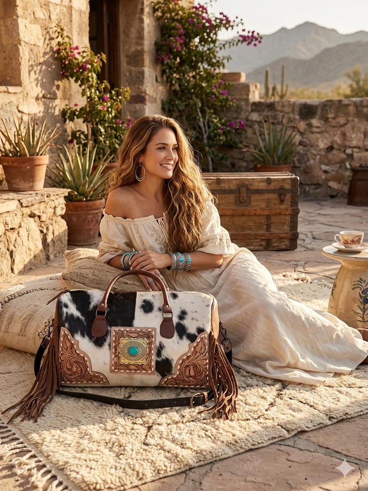 Western Cowhide Leather Weekender Bag / Fringe Duffle Travel Holdall Turquoise Boho Overnight Luggage
