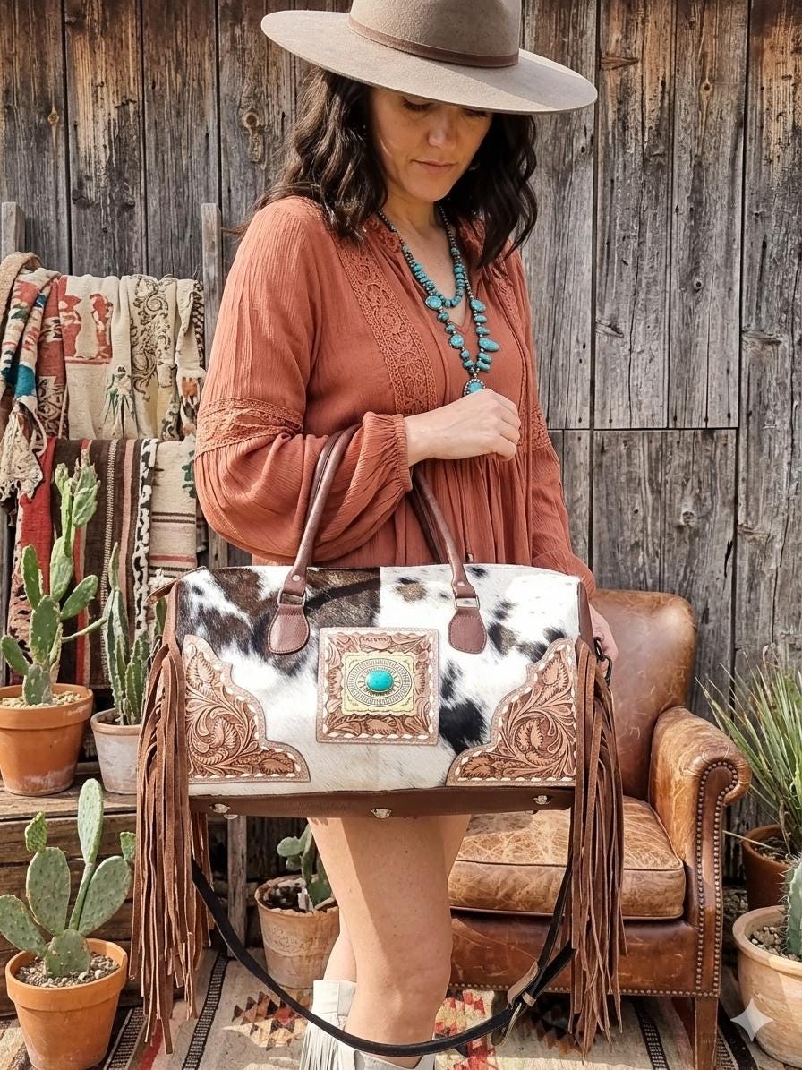 Western Cowhide Leather Weekender Bag / Fringe Duffle Travel Holdall Turquoise Boho Overnight Luggage