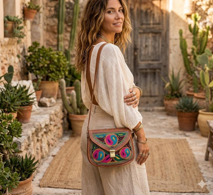 Boho Leather Crossbody Bag / Embroidered Tribal Satchel Ethnic Hippie Shoulder Purse Handmade Handbag