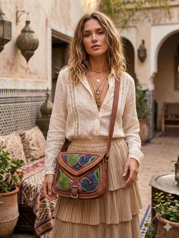 Boho Leather Crossbody Bag / Embroidered Tribal Satchel Handmade Ethnic Hippie Shoulder Purse Vintage Style