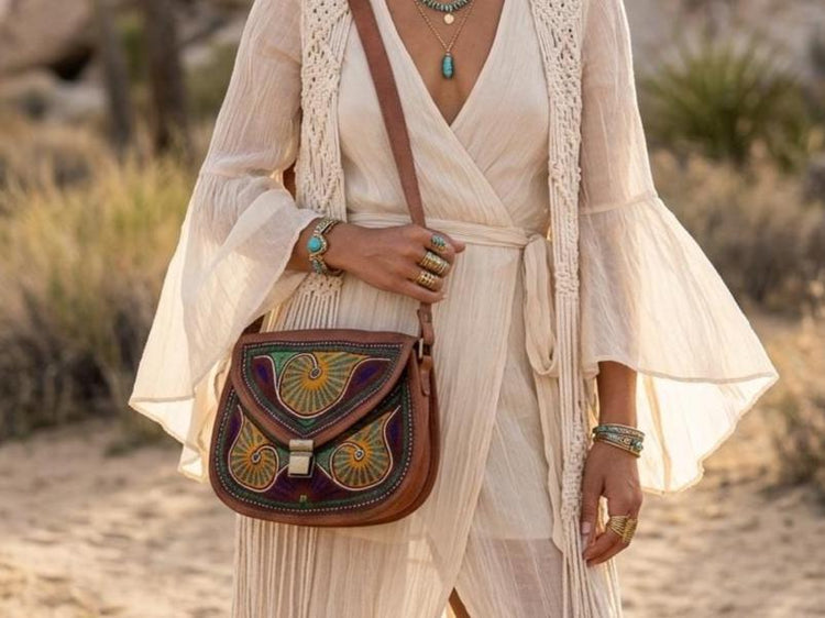 Embroidered Boho Leather Crossbody Satchel / Handmade Tribal Shoulder Bag Ethnic Artisan Hippie Purse Vintage Style