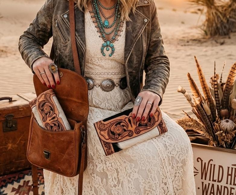 Western Cowhide Leather Long Wallet / Hand Tooled Floral Clutch Purse Women’s Zip Around Boho Card Holder