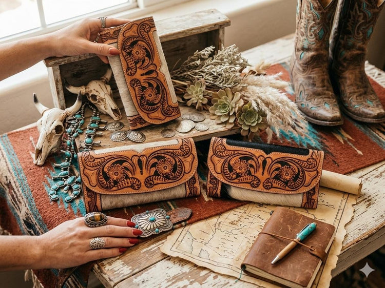 Western Cowhide Leather Long Wallet / Hand Tooled Floral Clutch Purse Women’s Zip Around Boho Card Holder